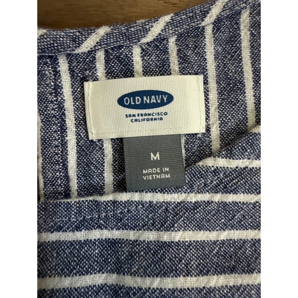 Old Navy Blue White Striped Linen Blend Drawstring Waist Dress Medium - Picture 2 of 5